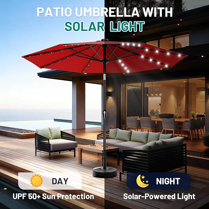 AreShark 9FT Patio Umbrella with Solar Lights, 32 Lighted Pool Umbrella w/Tilt and Crank, Outdoor Market Solar Umbrellas for Garden, Deck, Backyard, Pool and Beach, Red