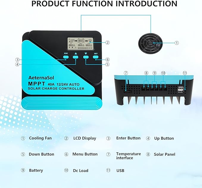 Solar Charge Controller 40A Charge Controllers 12/24V MPPT Solar Charge Controller with Adjustable LCD, Timer, Dual USB, Max Input 100V for LiFePO4/AGM/GEL/FLD Batteries (Blue)
