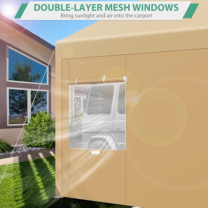 COBIZI Carport 10x20ft Heavy Duty Portable Garage, 2.0 Powder Coated Frame(Better Than Galvanized), Waterproof Shelter with Removable Sidewalls & Windows, Built-in Sandbags, for Car/Boat/SUV, Khaki