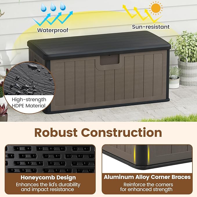 Giantex 100 Gallon Deck Box, Waterproof Resin Box with Lockable Lid, 440Lbs Outdoor HDPE Storage Container Bench for Patio Furniture Cushions, Pool Tools & Garden Accessories (Black+Brown)