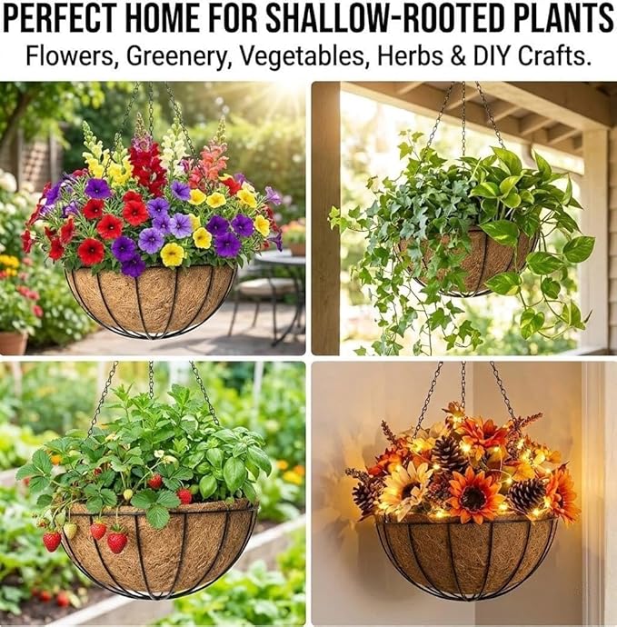 4 Pack 16 Inch Metal Hanging Planter Basket，Natural Round Coconut Hanging Plant Flower Pot，Coconut Coir Planter for Hanging Basket Flowers/Vegetables Home Garden Patio Decoration Watermelon