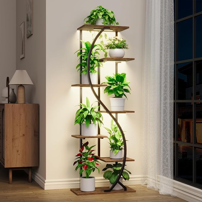 MJOMKN 59" Tall Plant Stand with Grow Light Indoor, 7 Tiered Metal Plant Shelf, S-Shaped Flower Display Stand, Corner Storage Shelf for Living Room, Patio, Balcony Decor