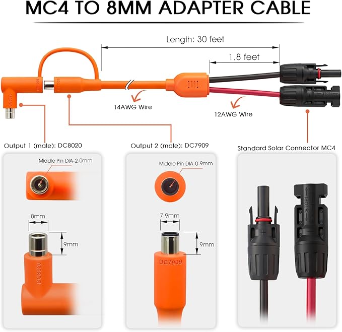30FT MC4 to 8mm Adapter Cable for Jackery | Universal Solar Panel Connector and DC8020/7909 Compatible with BLUETTI, Yeti, Anker, Jackery Portable Power Station for Camping, RV, Emergency Use