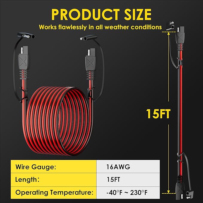 SUNAPEX SAE to SAE Extension Cable: 16 AWG 15 FT Pure Copper Cord - Waterproof Quick Disconnect Wire Connectors with Polarity Reverse Adapter Dust Caps for Automotive, Solar Panel, RV, Battery Charger