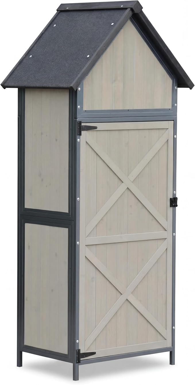 68" Tall Wooden Cabinet, Outdoor Storage Shed with Floor, Adjustable Shelves & Lockable Door, Waterproof Garden Shed, Metal Frame Tool Cabinet for Backyard, Patio & Garden Tool Organization