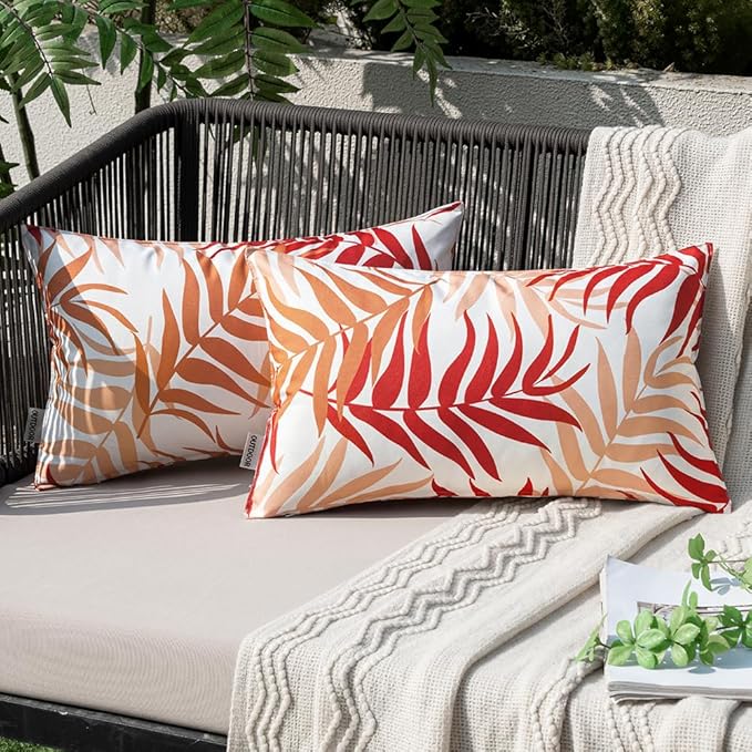 MIULEE Pack of 2 Decorative Outdoor Waterproof Throw Pillow Covers Patio Pillow Cases Natural Leaves Pattern Spring Square Cushion Shams Shell for Garden Balcony Couch 12x20 Inch, Orange