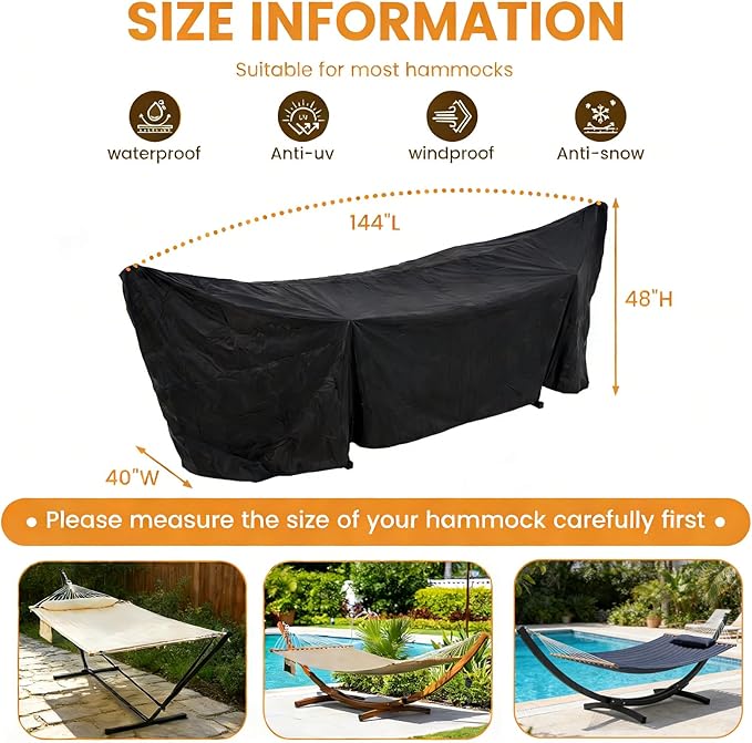 Lazy Daze Hammocks 420D Oxford Waterproof Hammock and Stand Cover, All-Weather Outdoor Protector with Securing Buckles Straps & Elastic Rope, UV and Dust Resistant, Fits 11-12FT Stands, Black