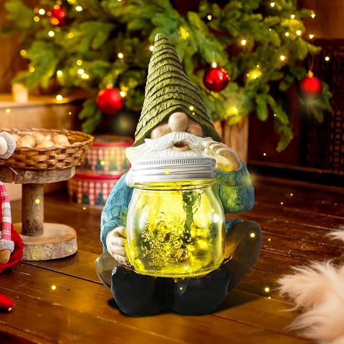 Solar Firefly Jar Gnome Resin LED Garden Statue | Waterproof hand-painted resin; flickering firefly LED lights; holiday gift for women mom grandma