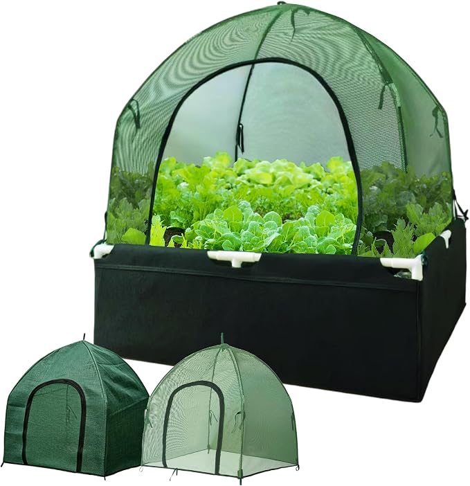 2.2*2.2FT Felt Garden Raised Bed with Plant Covers, No-Tool Growing Bed with Bug Insect Proof Mesh Plant Tents & Sun Shade, 3 Sizes Plant Protection System for Vegetables, Fruits & Flowers