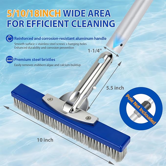 10-Inch Pool Brush Head - Combo Nylon & Stainless Steel Wire Bristles, Heavy Duty Metal Pool Brush for Extra Scrubbing Power, for Cleaning Inground Pool Tiles, Concrete, Walls, Floor, Steps, Corners