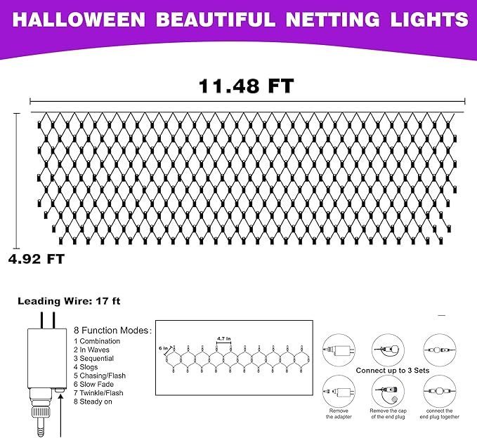 DAZZLE BRIGHT Halloween 360 LED Net Lights, 12FT x 5 FT Connectable String Lights with 8 Lighting Modes, Halloween Decorations for Party Carnival Supplies, Indoor Outdoor Yard Garden Decor (Purple)