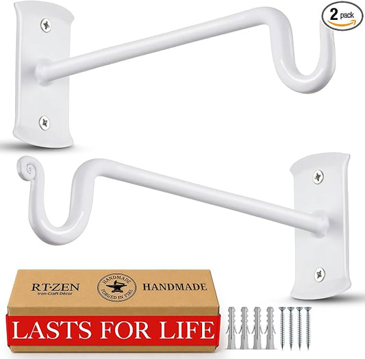 RTZEN Plant Hangers Outdoor or Indoor - Wrought Iron Metal Hanger Indoor Hook - Heavy Duty Wall Bracket Hooks for Hanging Plants Baskets Lanterns Bird Feeders - 2 Pack (White Shepherds Hooks 7.5")