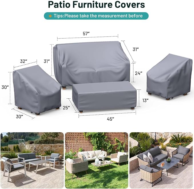 Mrrihand Patio Furniture Covers - 4 Piece Outdoor Furniture Set with Waterproof Sofa, Chair, Coffee Table Covers - Windproof Buckle Strap and Adjustable Drawstring - Grey