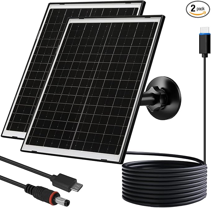 Zivif 10W USB-C Solar Charger with Glass Panel, USB Solar Panel for Security Cameras, with DC 5.5x2.1mm & Micro USB Port, IP66 Waterproof with Adjustable Mount & 7.2FT Cable, 2 Pack