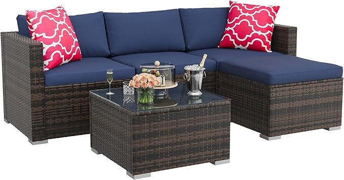 GAOMON 5-Piece All-Weather Patio Furniture Set, Convertible Outdoor Sectional Sofa with Ottoman & Tempered Glass Table, PE Rattan Conversation Set for Garden, Backyard, Porch, Poolside