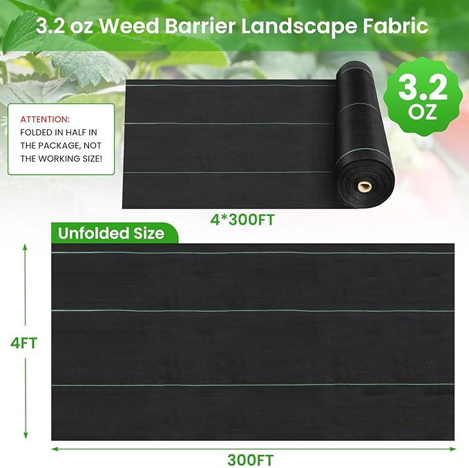 Rintea 4FTX300FT Weed Barrier Fabric, 3.2oz Landscape Fabric, Durable Weed Barrier Fabric Heavy Duty with 20 U-Shaped Securing Pegs for Landscaping Weed Blocker Garden Bed Cover, Commercial Driveway
