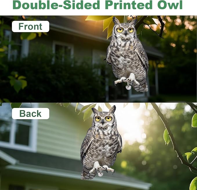 5PCS Reflective Plastic Owl Hanging Decoration Dual-Side Printed Raster Fake Eagle Garden Owl with Scare Tape for Garden Patio Windows