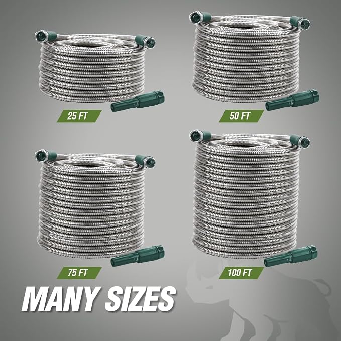 RUGGED RHINO Metal Garden Hose with Spray Nozzle, 304 Stainless Steel, 750 PSI Burst Strength, Heavy Duty Flexible Water Hose, Kink Resistant, Leakproof for Yard, Lawn and Outdoor Use, Green 25FT