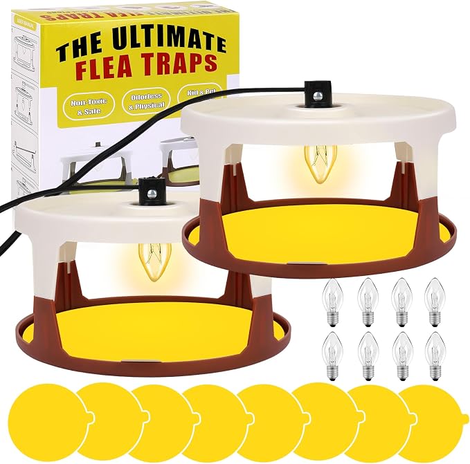 Flea Traps for Inside Your Home, 2 Pack Indoor Flea Light, Electric Bed Bug Insect Killer with 8 Sticky Pads & 8 Light Bulb Replacement, Natural Pest Control w/Glue Discs Refills, Safe for Kid Pet