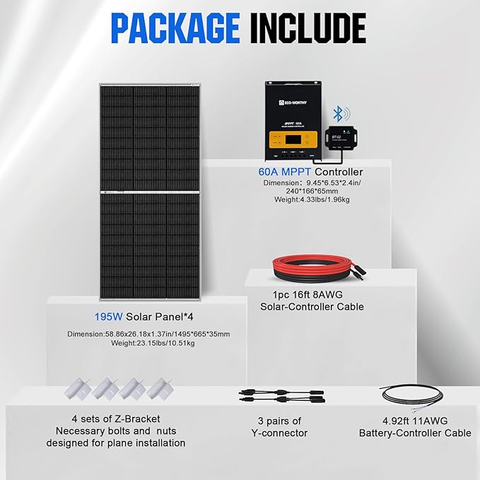 ECO-WORTHY 800W 12V Mono Solar Panel Off Grid RV Boat Kit: 4pcs195W Solar Panels + 12V 60A MPPT Charger Controller+ Bluetooth Module 5.0 + 16Ft Solar Cable + Z Mounting Brackets