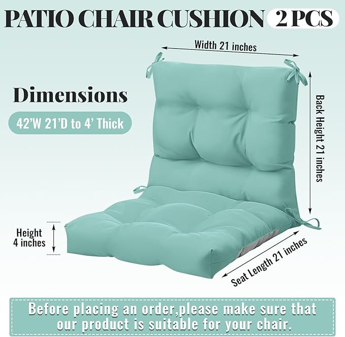 Marsui 2 Pcs Outdoor Indoor High Back Chair Cushions Patio Furniture Tufted Pillow with Ties Water-Resistant Replacement Outdoor Rocking Chair Cushions, 42 x 21 Inches (Light Green,Solid Color)