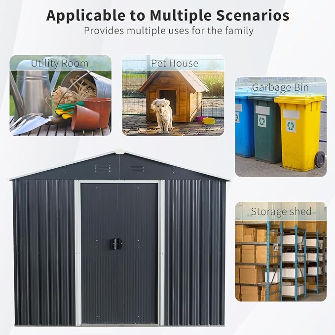 8FT x 6FT Outdoor Metal Storage Shed, Galvanized Steel Garden Shed with Lockable Sliding Door, Ventilated Tool Storage House with Foundation Kit, UV Resistant Backyard Shed for Patio Storage, Black