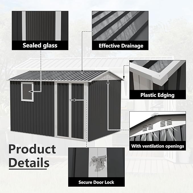 KEIKI 9x6 FT Metal Storage Shed with Window, Large Outdoor Backyard Shed for Tools & Equipment, Durable Galvanized Steel Garden Shed for Patio or Tiny House Use, Gray