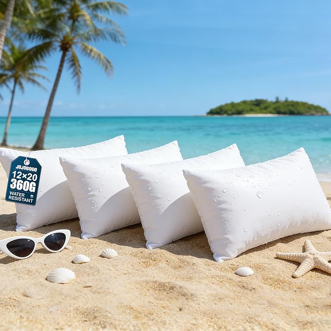 JOJOGOGO 12x20 Outdoor Lumbar Pillow Insert Waterproof Set of 4 Outdoor Lumbar Pillows for Patio Furniture Garden Swing and Front Porch