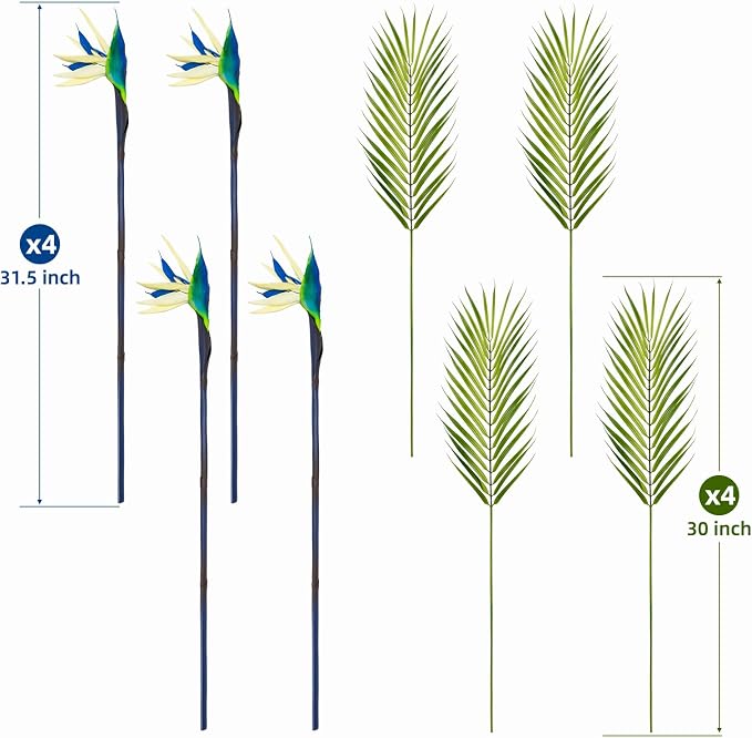 8 PCS Bird of Paradise Artificial Plant Combo Palm Leaves,4 Faux Bird of Paradise Plant with 4 Artificial Palm Leaves for Wedding Garden Office Home Indoor and Outdoor Decor(Blue)