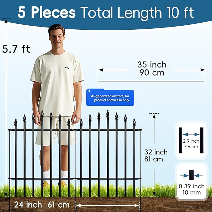 Thealyn Metal Garden Fence Panels 32" H x 24" W (5 Panels, 10 Ft Total) No Digging Decorative Garden Border Fence, Rust-Resistant Black Landscape Edging for Flower Beds, Yard, Patio
