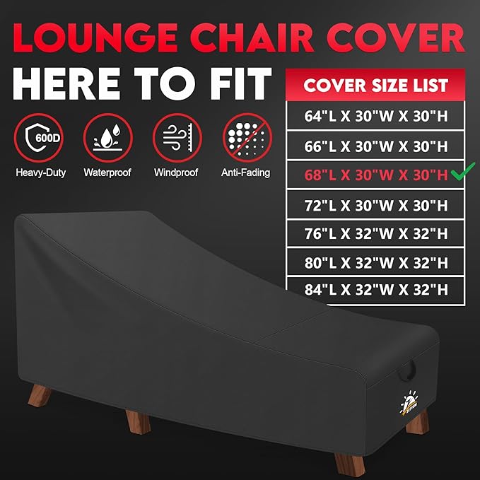 Zettum Outdoor Lounge Chair Cover 2 Pack - Waterproof Patio Chaise Lounge Chair Cover, 600D Heavy Duty Outdoor Seating Covers For Pool Lounge Chair, Lawn Bench Furniture 68 x 30 x 30 Inch