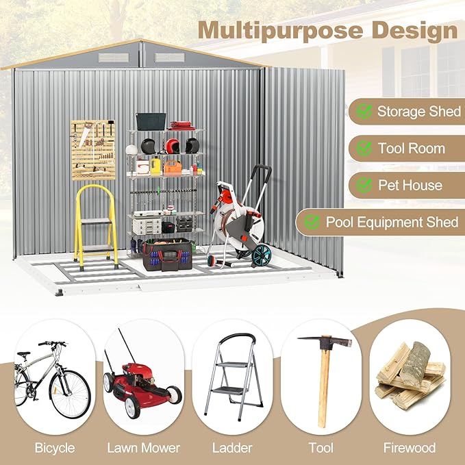 Goplus 8' x 6' Woodgrain Outdoor Storage Shed, Galvanized Metal Tool House Organizer w/Base Floor, 4 Vents, Lockable Doors, Waterproof Garden Sheds & Outdoor Storage for Backyard, Lawn, Patio