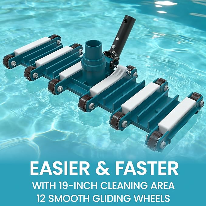 POOLWHALE 19" Heavy Duty Flexible Pool Vacuum Head with Wheels, Extra-Wide, Swivel Direction-Control Aluminum Handle for Swimming Pools - Faster Cleaning, Easier Debris Removal
