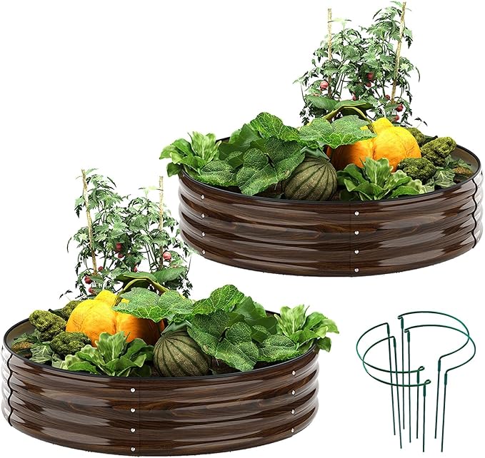 ZFHgarden Galvanized Metal Planter Round Raised Garden Bed Kit for Gardening Outdoor Grow Garden Box Raised Flower Bed Galvanized Planter Outdoor 2PC 2x2x1FT
