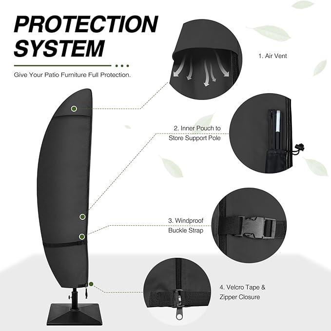 Porch Shield Patio Umbrella Cover - Outdoor Waterproof Garden Offset Banana Parasol Cover Fits Cantilever Offset Umbrella 7.5-11.5 Feet, Black