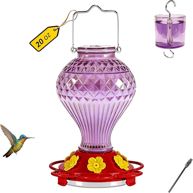 Glass Hummingbird Feeder for Outdoors Hanging, 20 oz Nectar Capacity, 6 Feeding Ports, Leak-Proof Rust-Free Plastic Base, Easy to Refill & Clean, Decorative Purple Glass Bird Feeder for Garden Patio