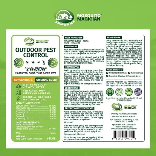 Mosquito Magician Liquid Concentrate – Kills Mosquitoes, Fleas & Fire Ants, Repels and Prevents Ticks – Essential Oil Yard Treatment Spray – for Sprayers, Foggers & Misting Systems – 6 oz, Original