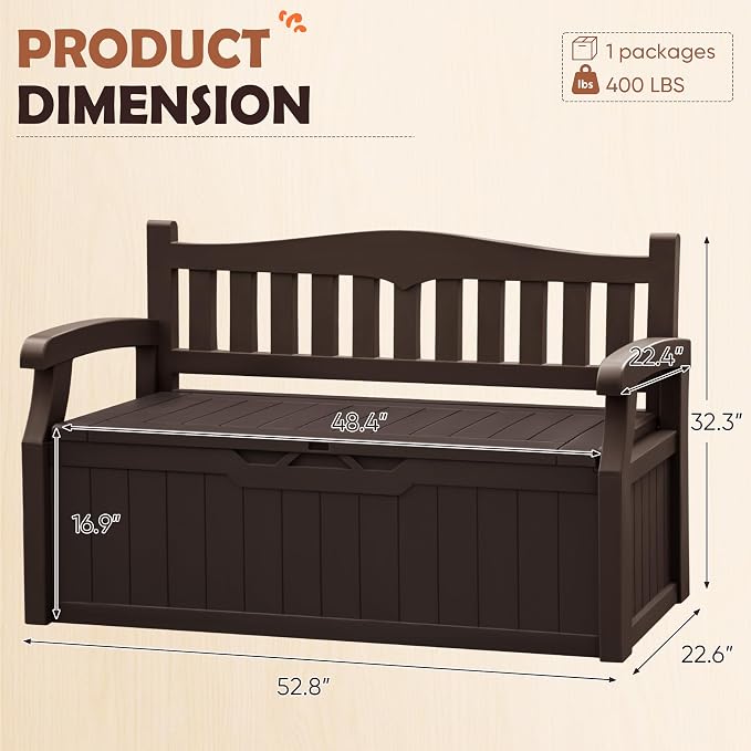 JUMMICO 80 Gallon Resin Outdoor Storage Bench, Large Deck Box with Armrest, Lockable&Waterproof for Garden, Home, Patio, Pools (Brown, 80 Gallon)
