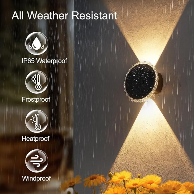 Ellasay Fence Solar Lights: 360° Circular Lighting Solar Powered Wall Lights 12 Hours Long Runtime Up and Down Waterproof IP65 & 3 Modes High Brightness LED Focus Lens for Patio/Yard - 4 Pack