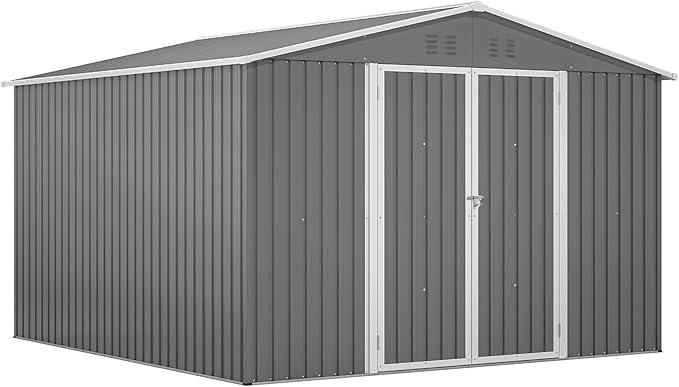 YOPTO 10×10 FT Outdoor Storage Shed,Metal Aluminum Waterproof Tool Sheds with Doors and Vents,Heavy-Duty Sheds Unit W/Lock and Key,for Storing Bicycles,Lawnmowers,Barbeques,Gray