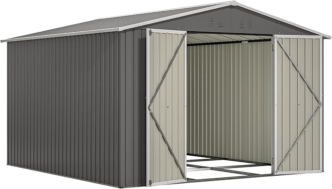 YOPTO 10×10 FT Outdoor Storage Shed,Metal Aluminum Waterproof Tool Sheds with Foundation,Doors & Vents,Heavy-Duty Sheds Unit W/Lock & Key,for Storing Bicycles,Lawnmowers,Barbeques,Gray