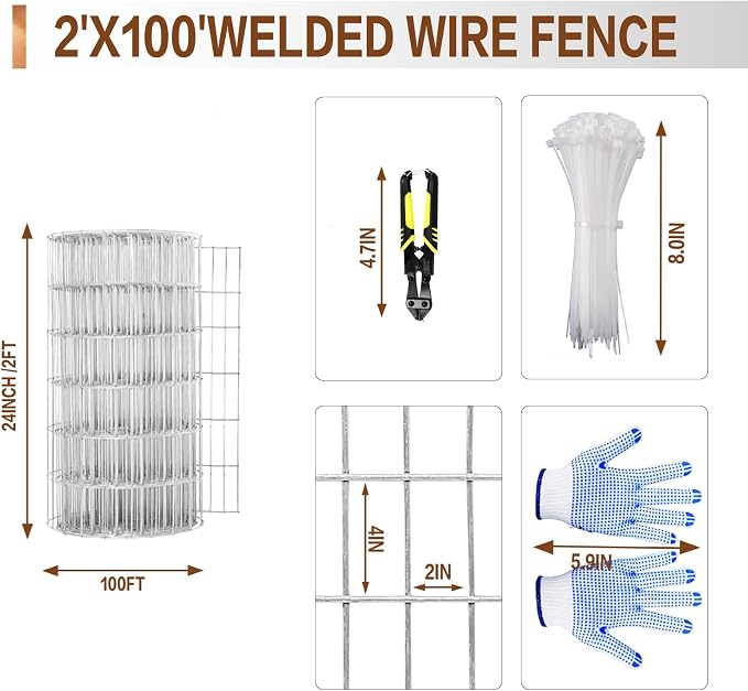 Tongmo 2 ft x 100 ft Galvanized Welded Wire Fence, 16GA Garden Chicken Wire Fence Roll, Mesh Size 2" x 4"Hardware Cloth, Ideal for Yard Protection and Poultry Netting