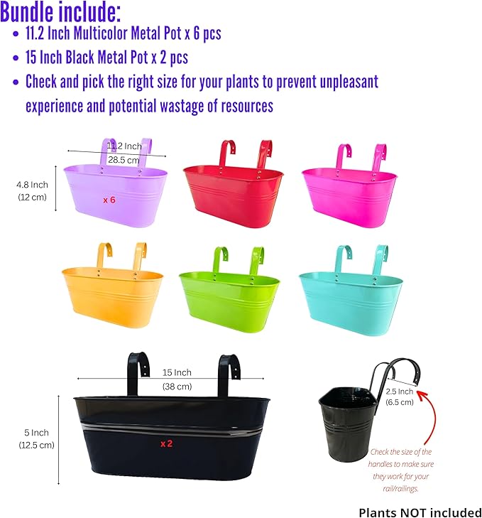 LaLaGreen Bundle- 6 Pack, 11.2 Inch Multicolor Metal Pot + 2 Pack, 15 Inch Black Metal Pot Hanging Outdoor Fence Rail Flower Herb Holder with Hook Strawberry Planter Bucket Window Porch Patio Balcony