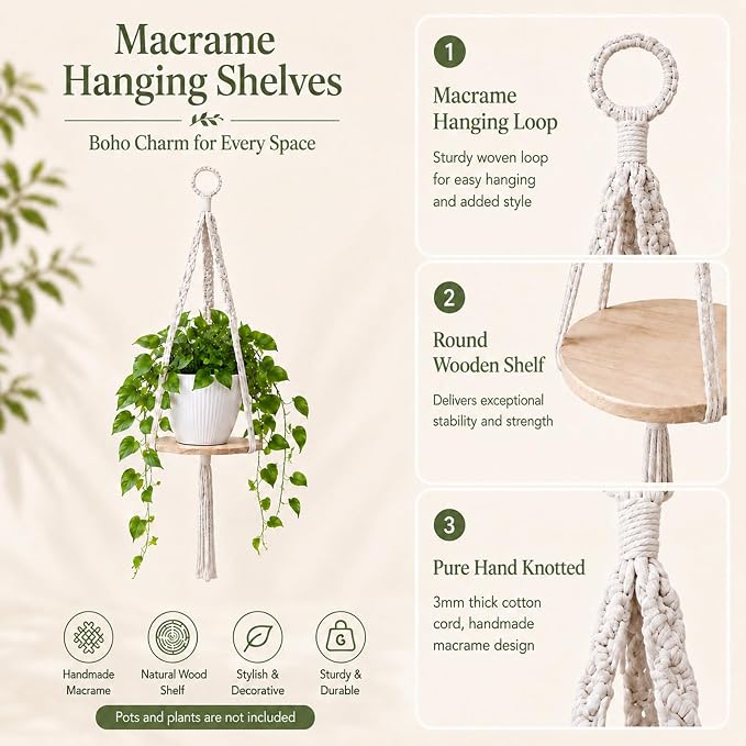 Artilady 2 Pack Macrame Hanging Planter with Wood Shelf, Boho Plant Hanger for Indoor Plants Basket Holder for Window Balcony Kitchen