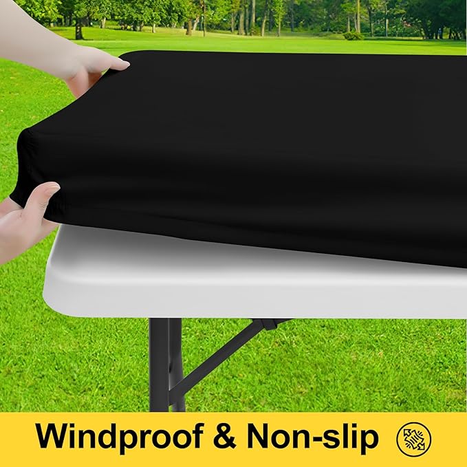 Smiry Picnic Table Cover with Bench Covers, Waterproof Elastic Fitted Polyester Tablecloths for 5 Ft Rectangle Tables, Washable Windproof Tablecloth for Camping, RV & Outdoor (Black, 30x60 Inches)