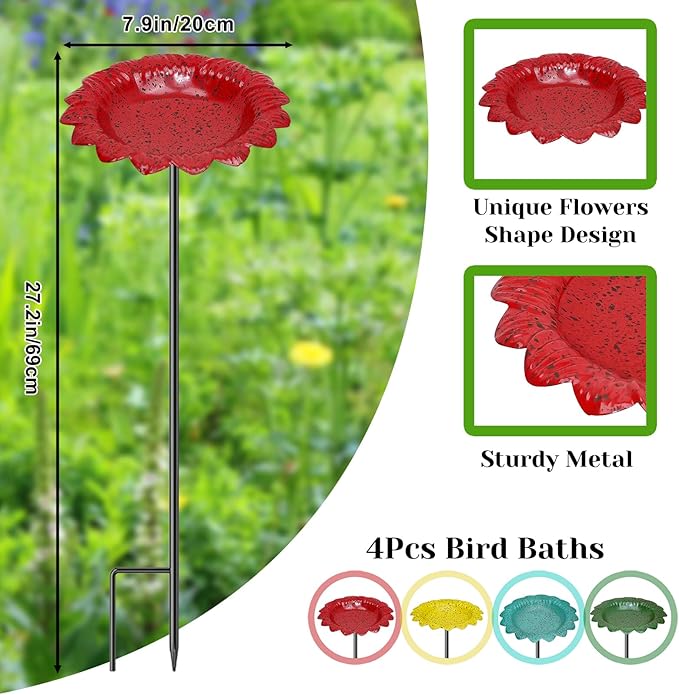 4 PCS Metal Bird Baths for Outdoors, Small Garden Bird Bath with Metal Stake, Hummingbird Feeder for Yard Lawn Decoration (4P-Red Yellow Blue Green)