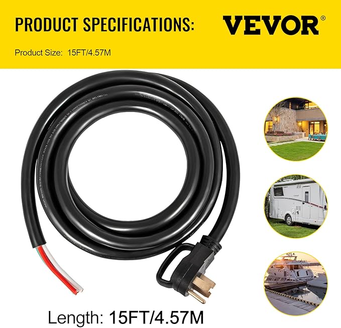 VEVOR 15-Foot 50 Amp Heavy Duty Generator Extension Cord, 6/3+8/1 Gauge STW, 125V/250V 4-Wire NEMA 14-50P to SS2-50R, 12500W Power Cord with Handle for RV, EV, Transfer Switch