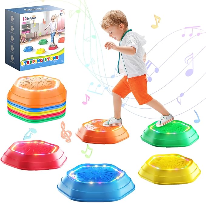 Holyton Light Up Musical Stepping Stones for Kids, 5 Pack Sensory Balance Stepping Stones with Rechargeable Batteries, Non-Slip Toddler Stepping Stones for Ages 3-8, Indoor Outdoor Active Play Toy, Red