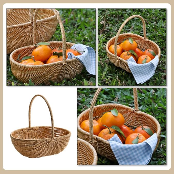Kisangel Creative Light Brown Picnic Basket - Multi-Functional Rattan Style Harvest Shopping Basket for Fruits Vegetables Outdoor Activities and Kitchen Storage
