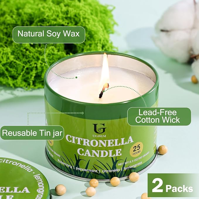 Citronella Candles Outdoor (5.3oz, 2 Packs) Natural Soy Wax Camping Candle, Plant-Based Citronella Essential Oil Large Lemongrass Candle for Patio, Deck, Garden, Backyard, Home Indoor